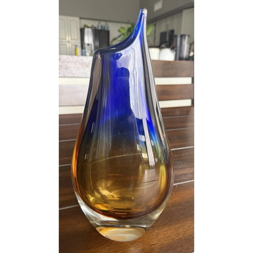 Vintage Brazilian Novica Collection Art Glass Vase With Flame Top Blue/Amber